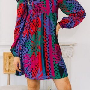 Tropical Leaves Print Baby Doll Mini Dress Plus Size Marron Blue NEW